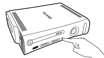 Указательный палец нажимает кнопку подключения рядом с центром передней панели предыдущей версии консоли Xbox 360.