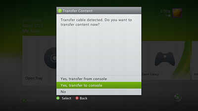 Xbox data transfer using the Xbox 360 transfer cable